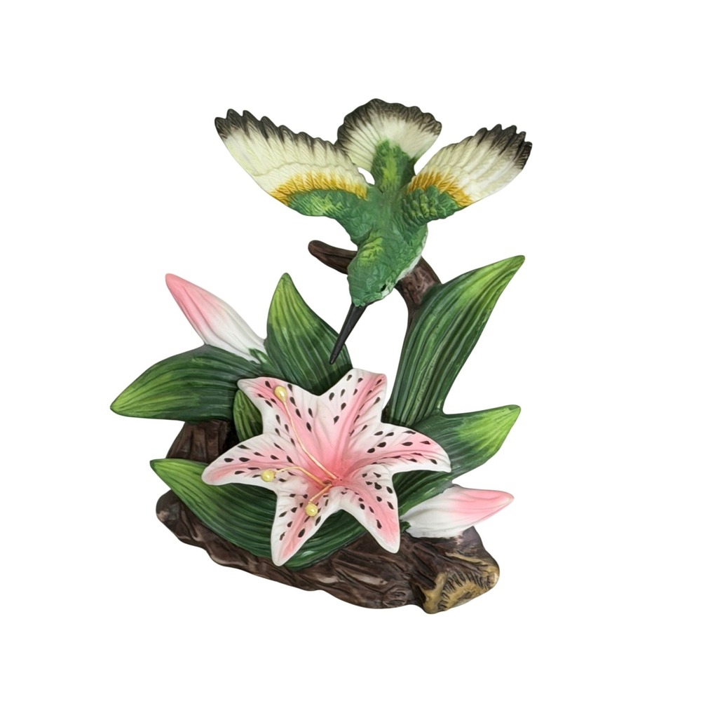 Lefton Hummingbird Figurine Vintage Green Pink Porcelain Lily Flower Decor